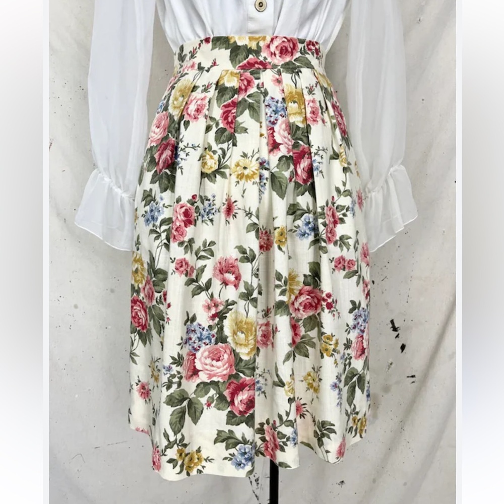 Vintage floral high waist pleated midi skirt